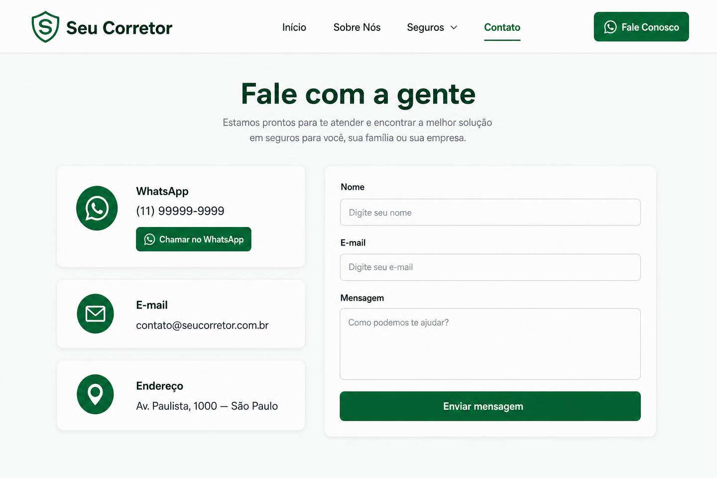 Tela Contato do site modelo