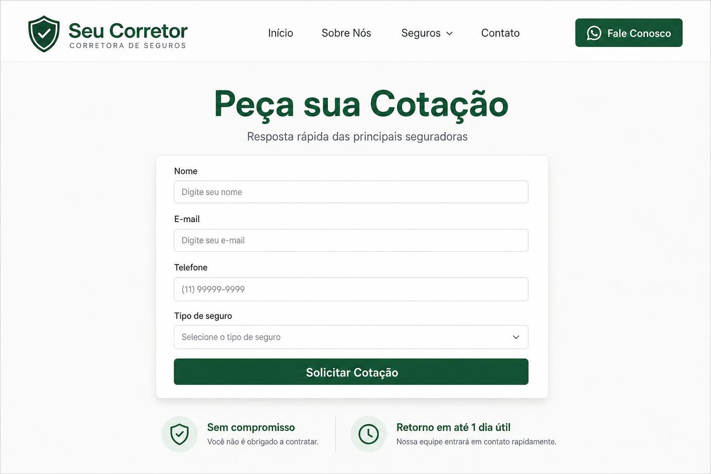 Tela Cotação do site modelo