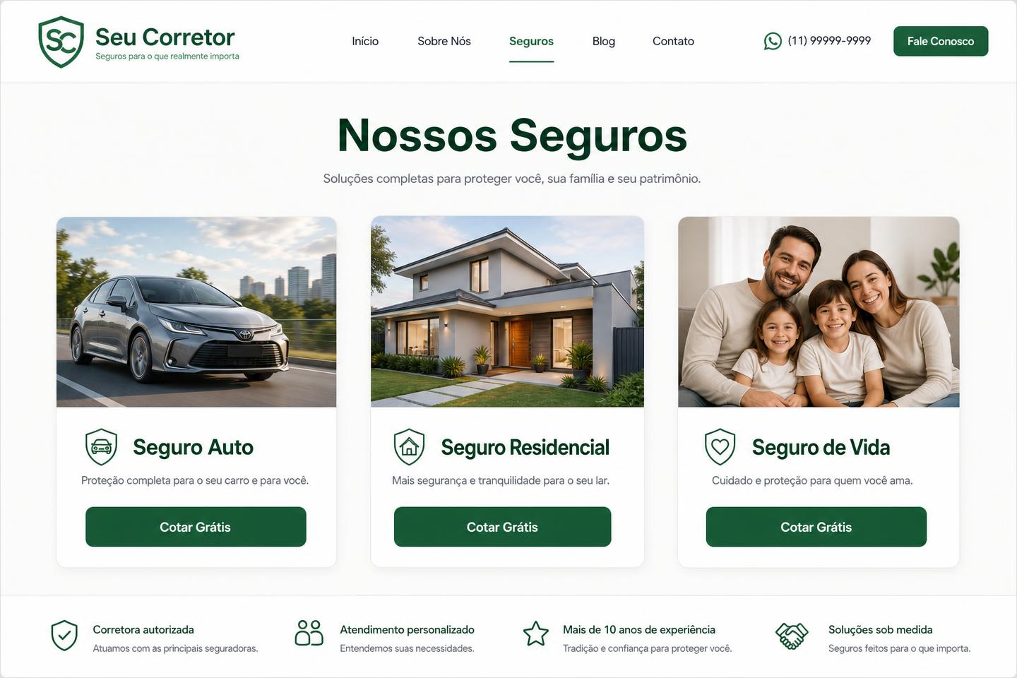 Tela Seguros do site modelo